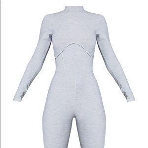 Grey Soft Rib Binding Detail High Neck Jumpsuit